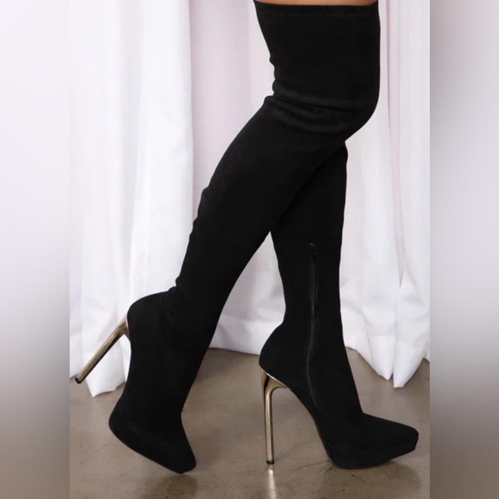 Fashion Nova Black Over-the-Knee Boots with Silver Heel Size 6